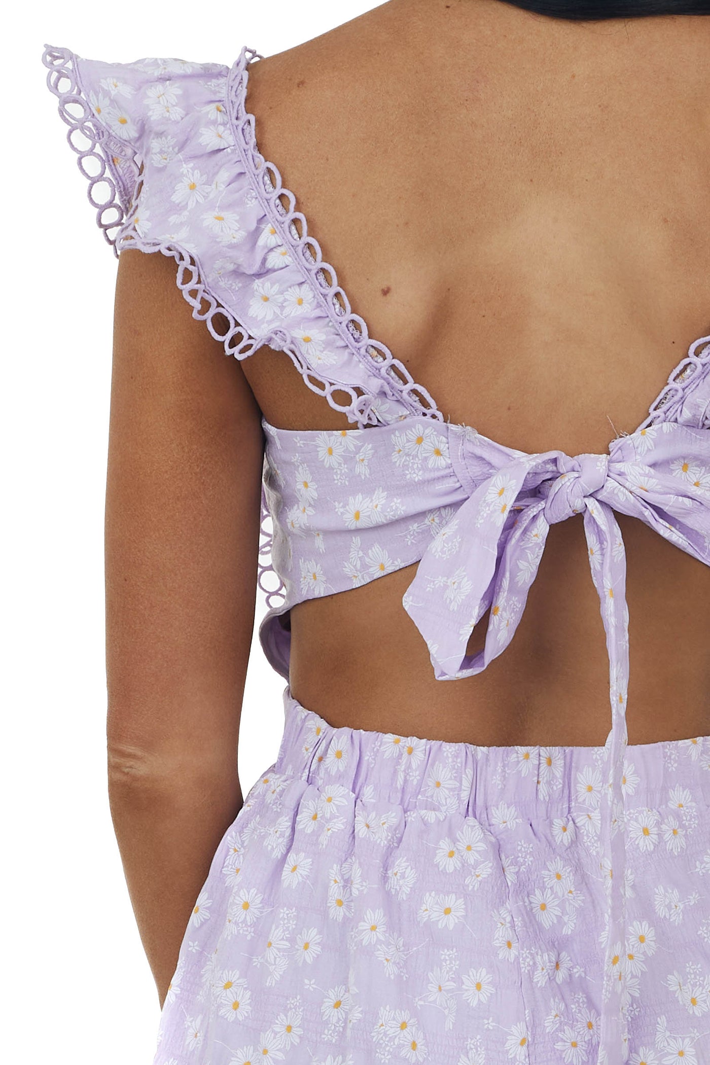 Lavender Floral Open Back Lace Trim Romper
