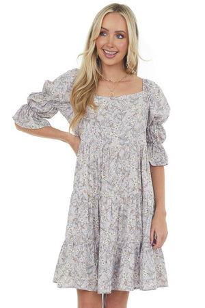 Lavender Floral Print Square Neck Short Dress