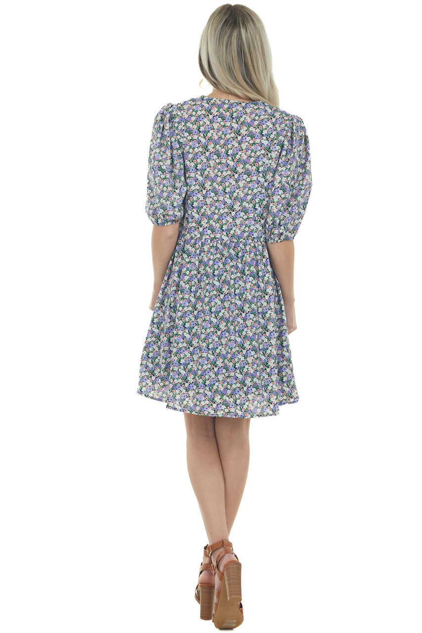 Lavender Floral Print Surplice Dress with Short Sleeves 