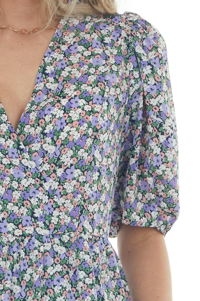 Lavender Floral Print Surplice Dress with Short Sleeves 