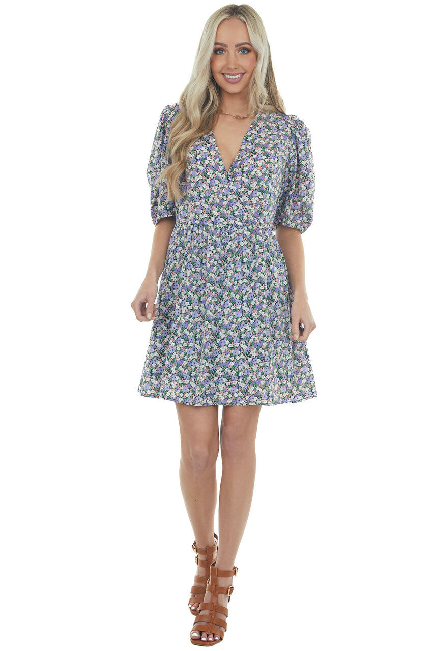 Lavender Floral Print Surplice Dress with Short Sleeves 