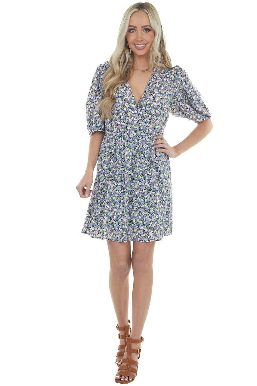 Lavender Floral Print Surplice Dress with Short Sleeves 