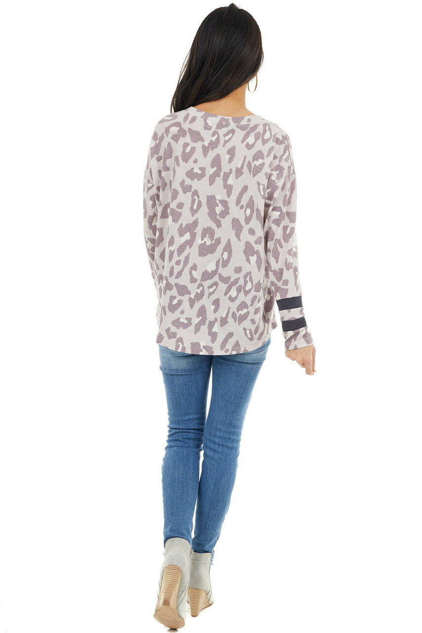Lavender Leopard Print Stretchy Knit Top with Stripe Detail