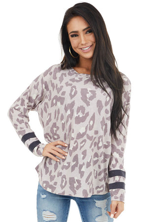 Lavender Leopard Print Stretchy Knit Top with Stripe Detail