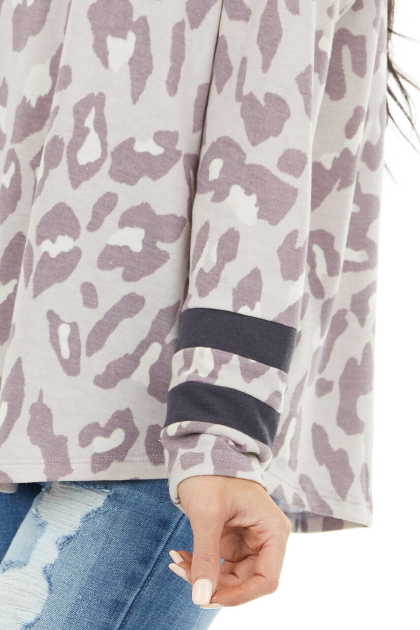 Lavender Leopard Print Stretchy Knit Top with Stripe Detail