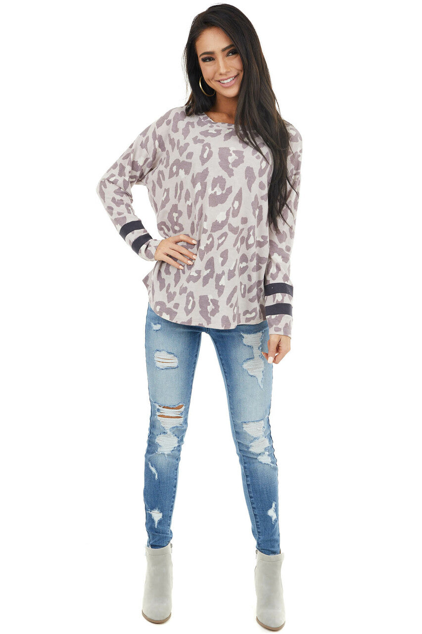 Lavender Leopard Print Stretchy Knit Top with Stripe Detail