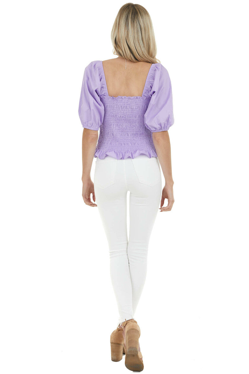 Lavender Square Neck Blouse with Smocked Bodice Detail