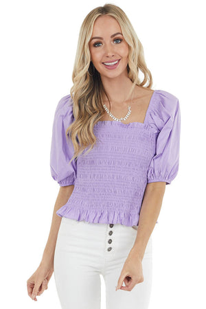 Lavender Square Neck Blouse with Smocked Bodice Detail