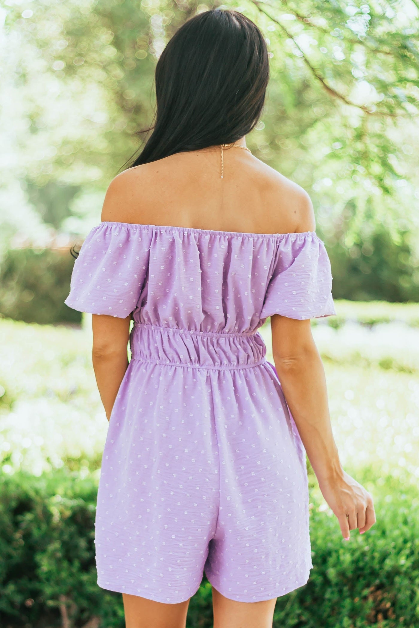 Lavender Swiss Dot Off Shoulder Woven Romper