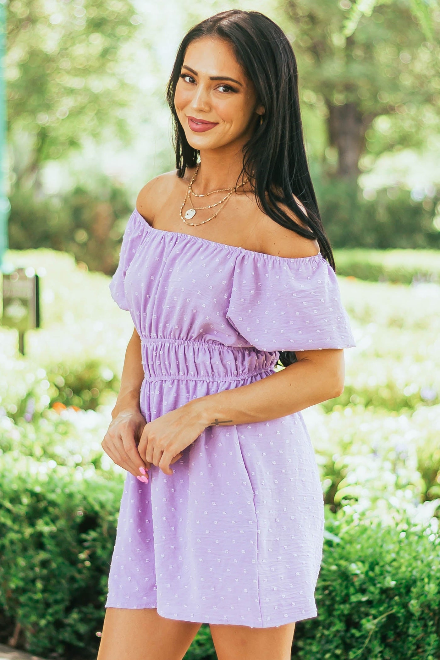 Lavender Swiss Dot Off Shoulder Woven Romper