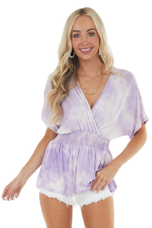 Lavender Tie Dye Surplice Knit Top with Smocked Waist