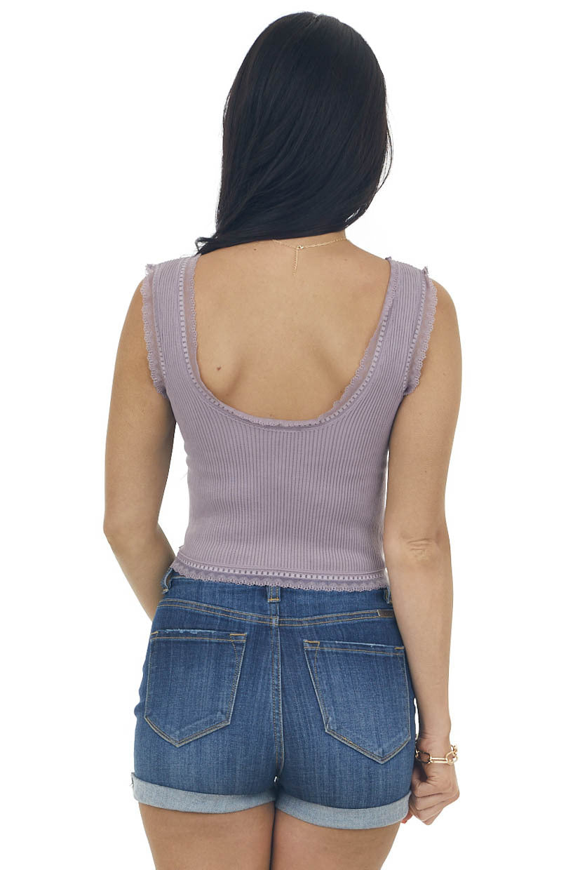 Lavender U Neck Lace Trim Ribbed Knit Crop Tank