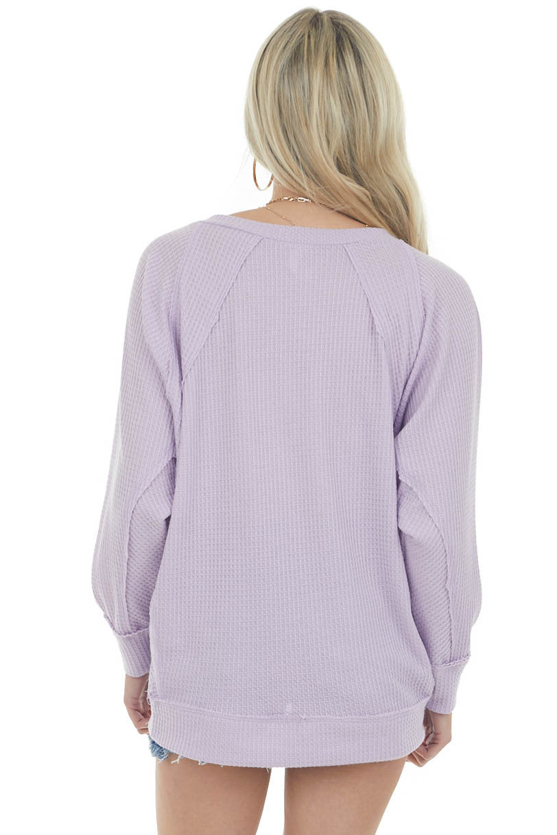 Lavender V Neck Waffle Knit Raw Edge Top