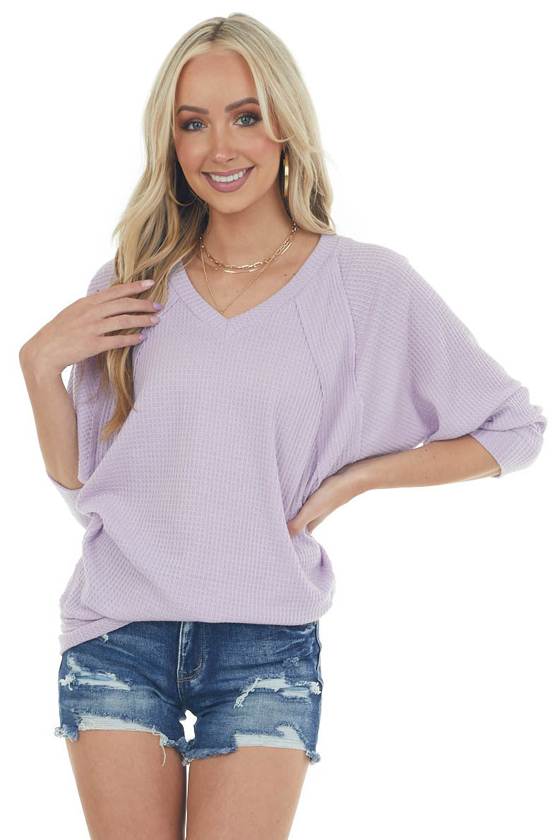 Lavender V Neck Waffle Knit Raw Edge Top