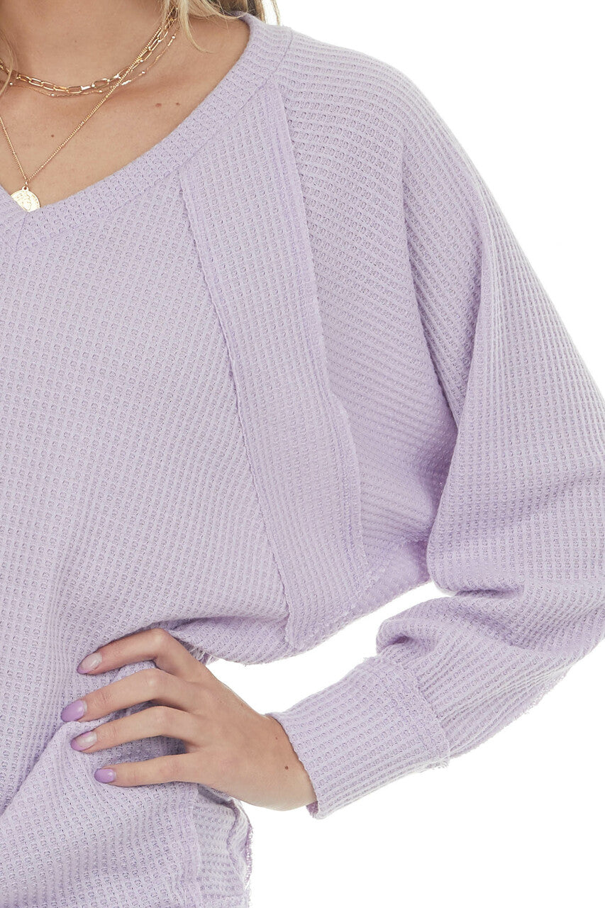 Lavender V Neck Waffle Knit Raw Edge Top