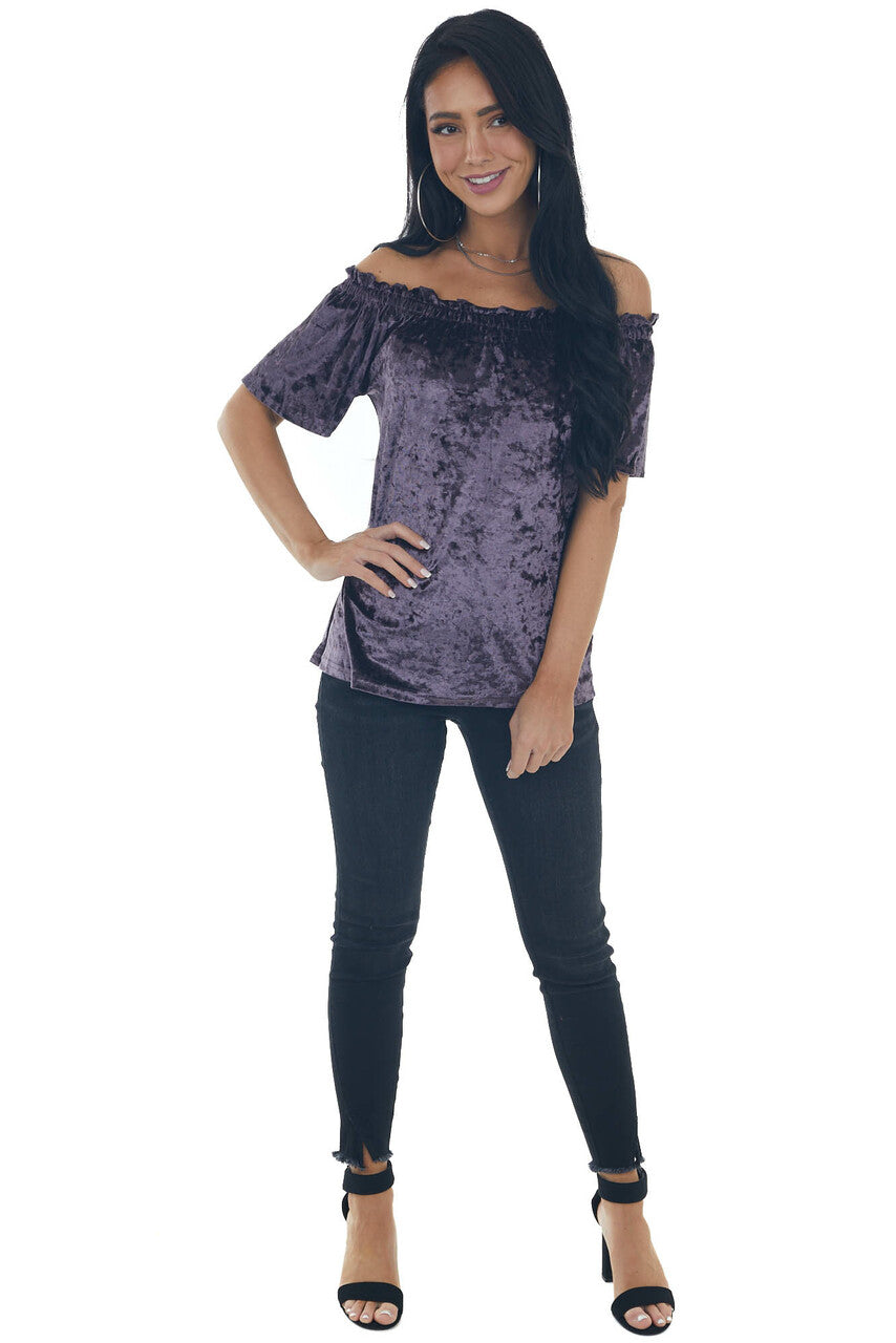 Violet Velvet Frilled Off the Shoulder Top