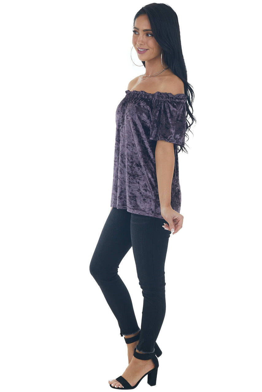 Violet Velvet Frilled Off the Shoulder Top
