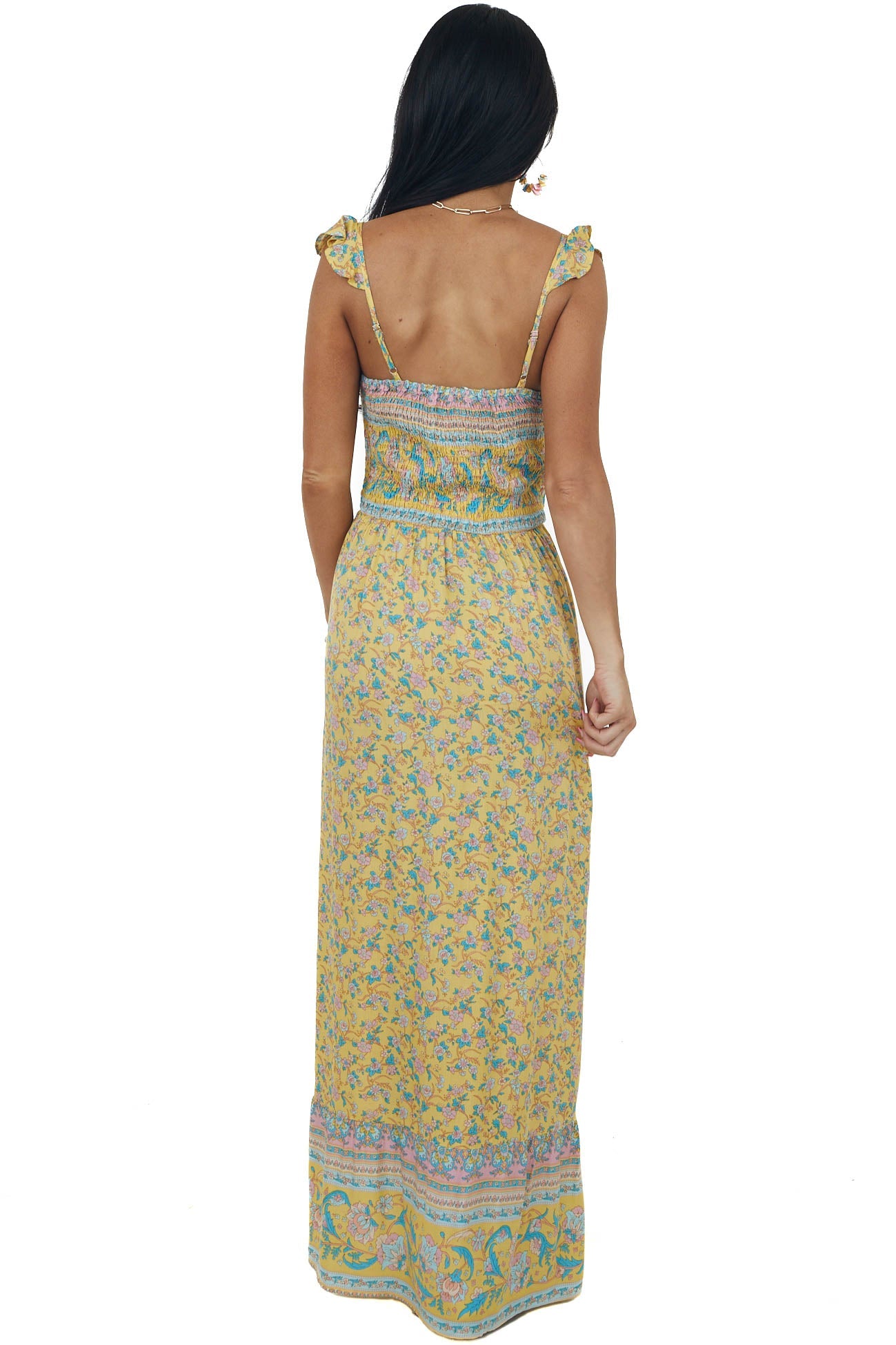 Lemon Floral Print Sleeveless Smocked Maxi Dress