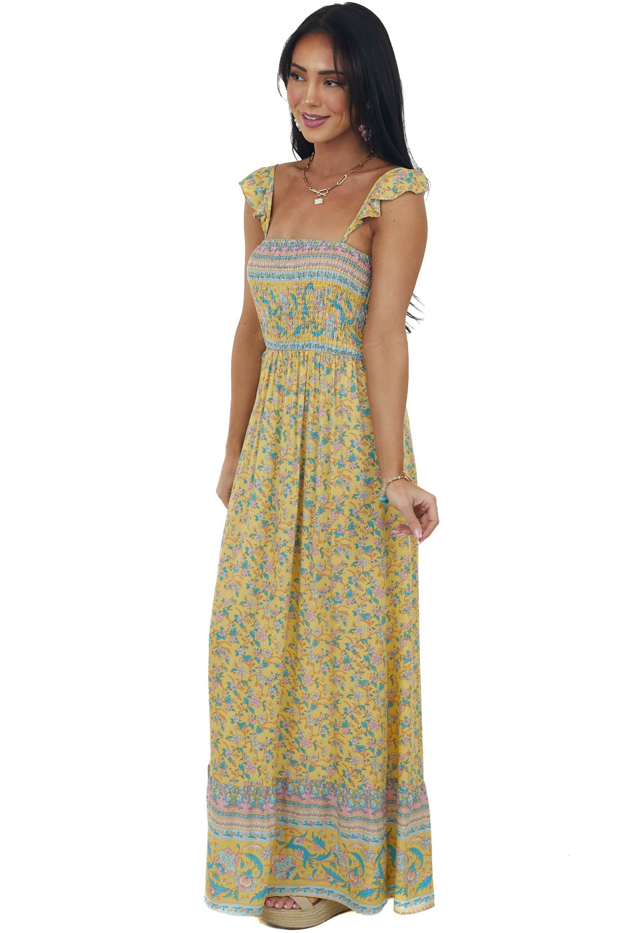 Lemon Floral Print Sleeveless Smocked Maxi Dress