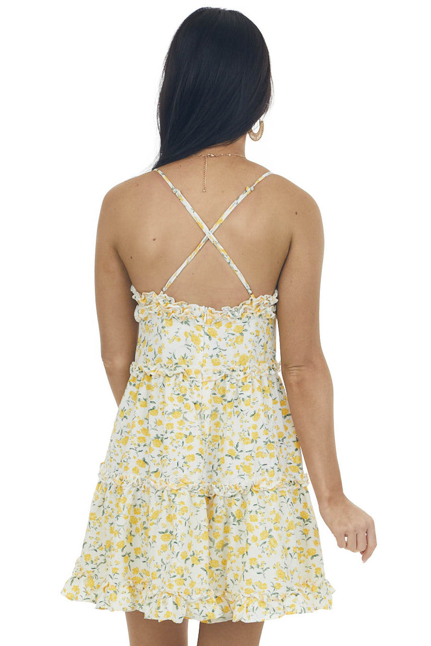 Lemon Floral Tiered Sleeveless Short Dress