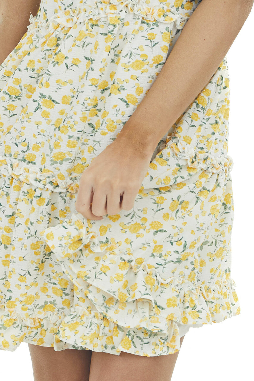 Lemon Floral Tiered Sleeveless Short Dress