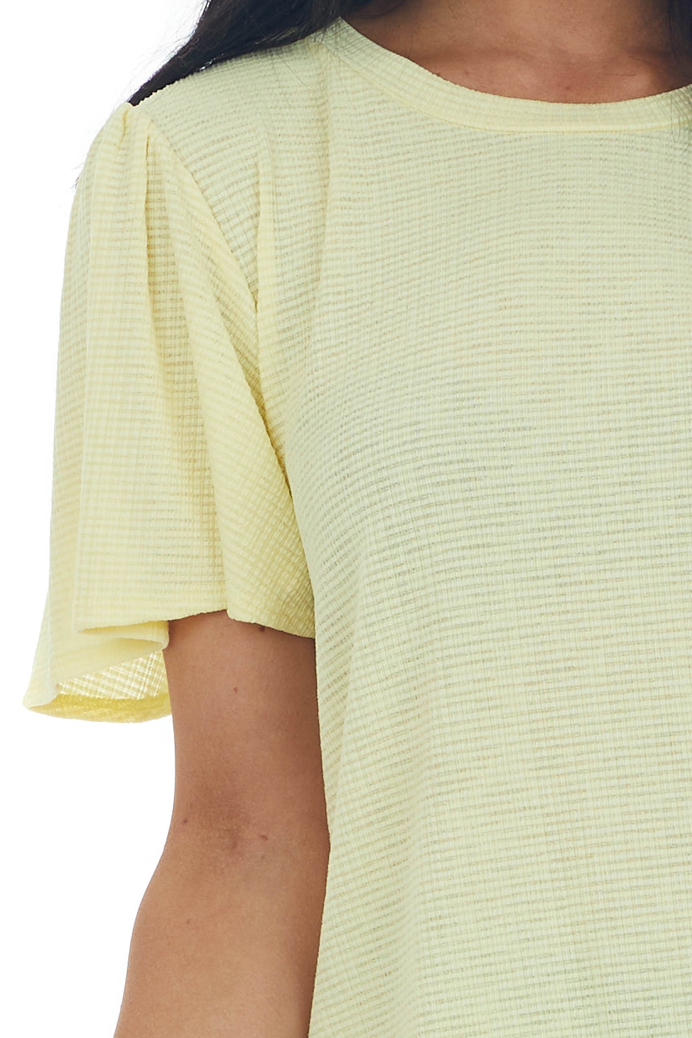 Lemon Textured Flutter Sleeve Elastic Hem Top
