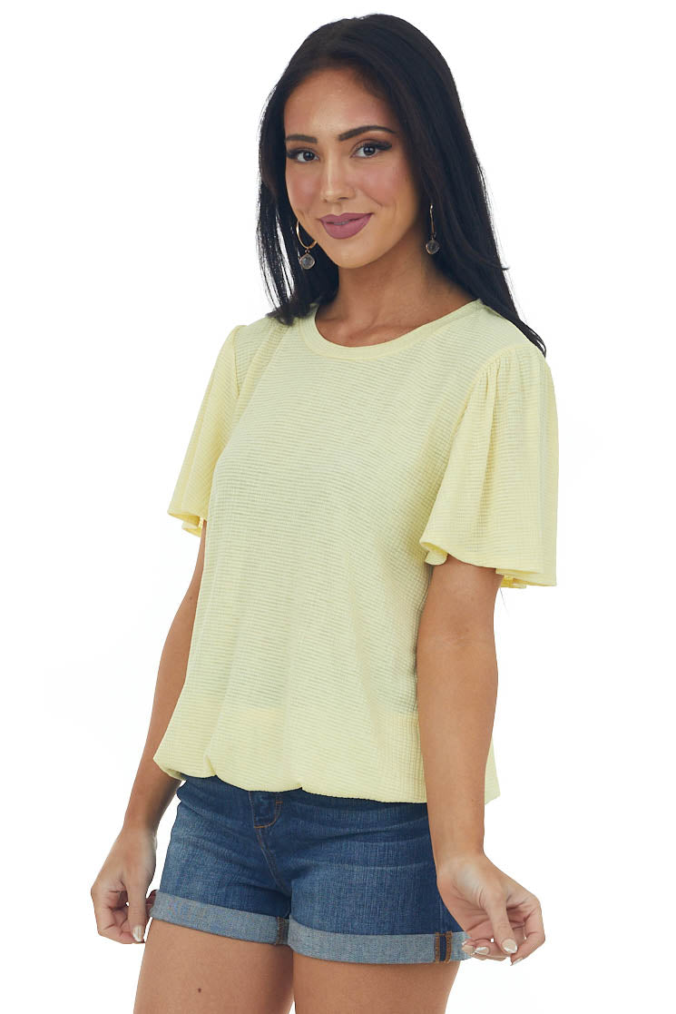 Lemon Textured Flutter Sleeve Elastic Hem Top