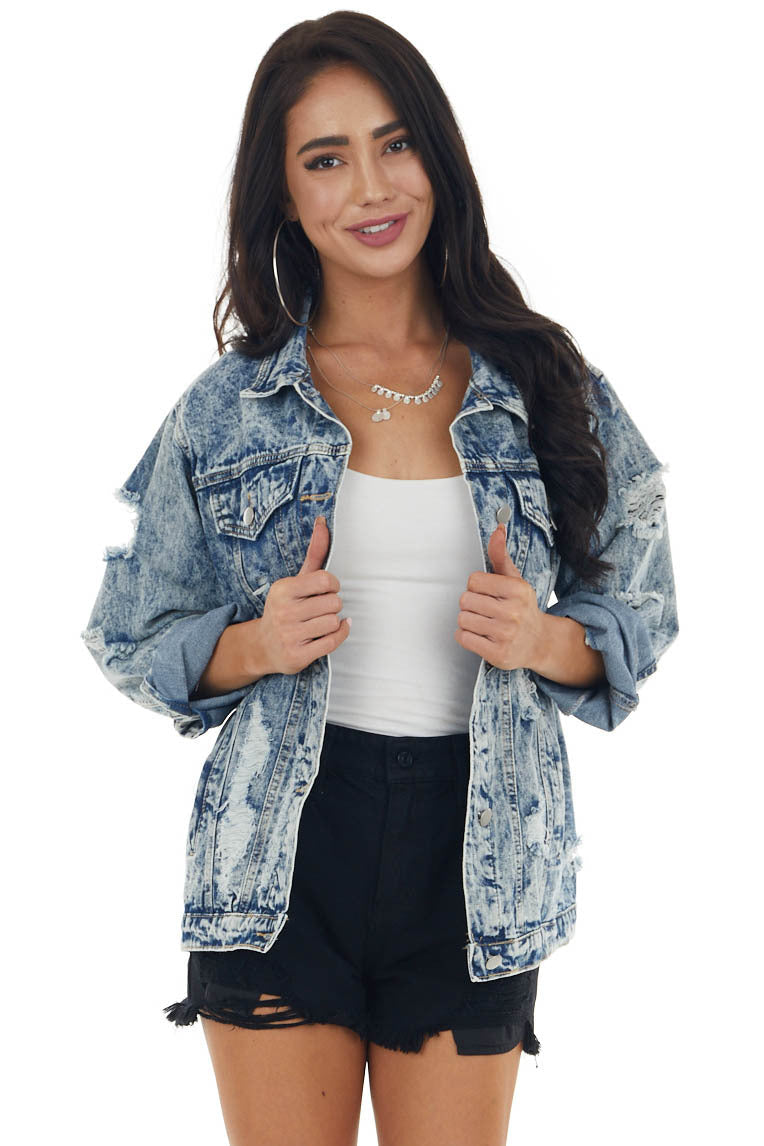 Light Acid Wash Denim Jacket with Distressed Details