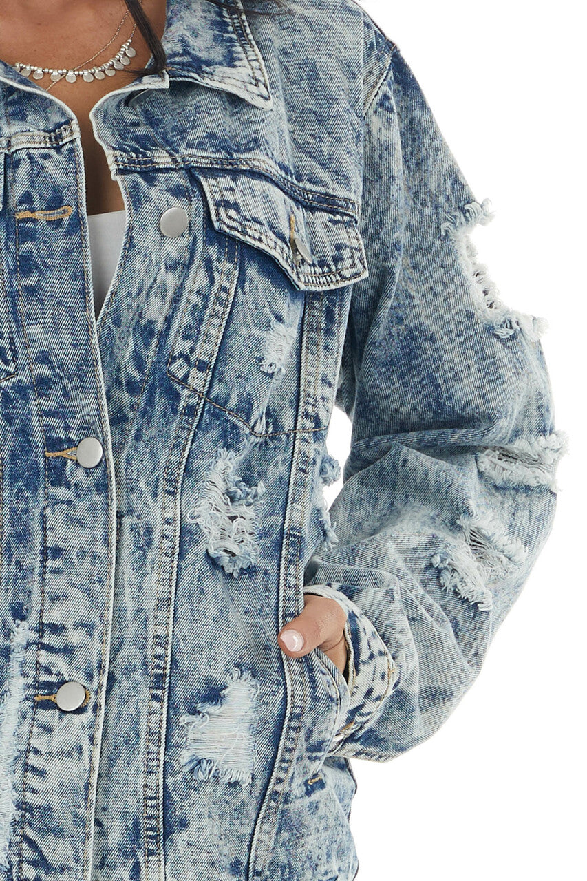 Light Acid Wash Denim Jacket with Distressed Details