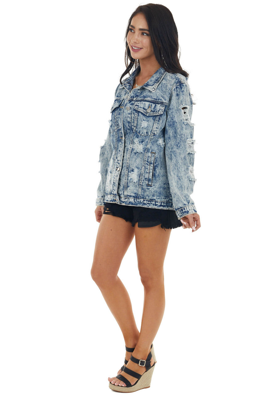 Light Acid Wash Denim Jacket with Distressed Details