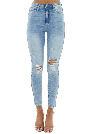 Light Acid Wash High Rise Jeans with Light Distressing