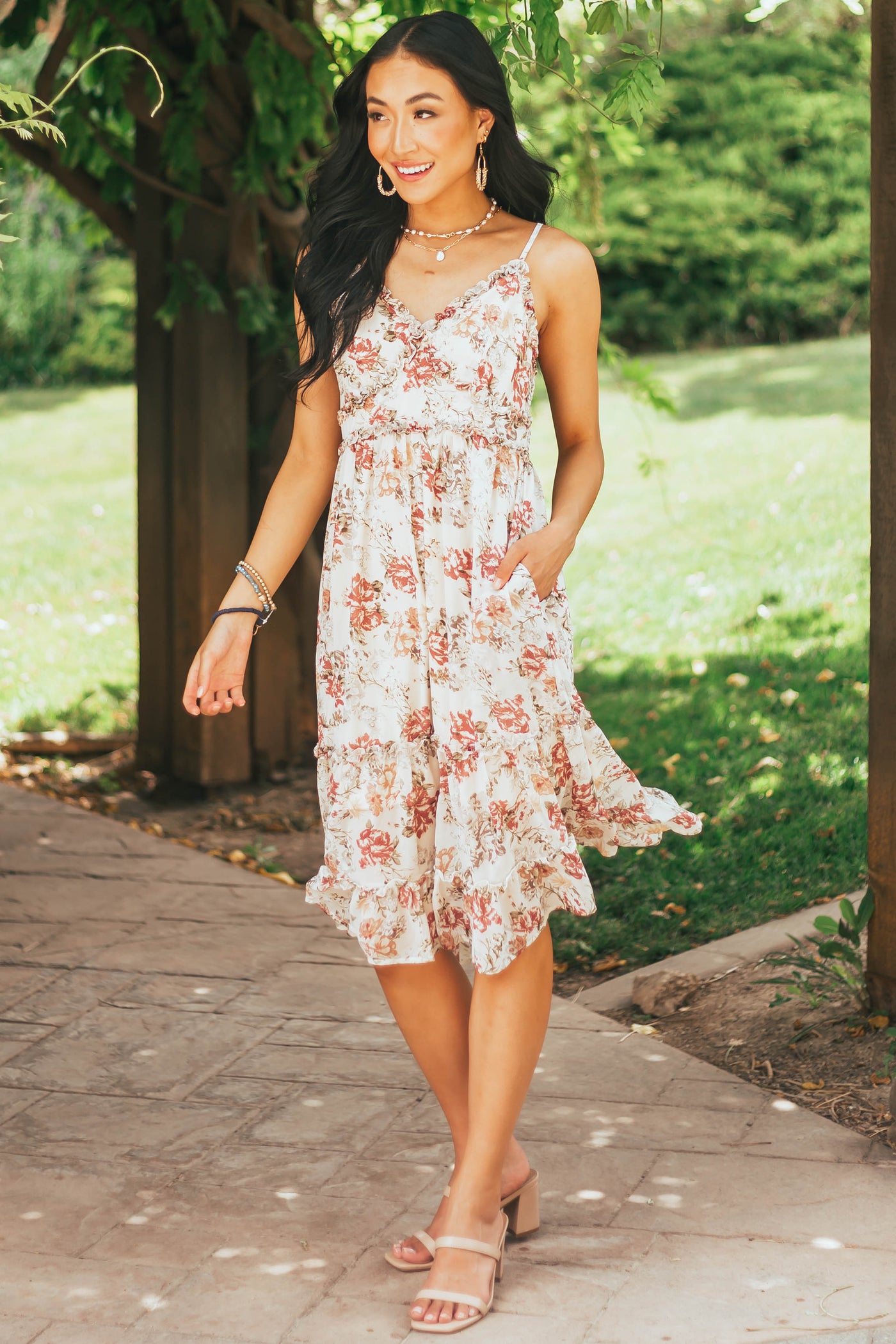 Light Beige Floral Sleeveless Frill Midi Dress