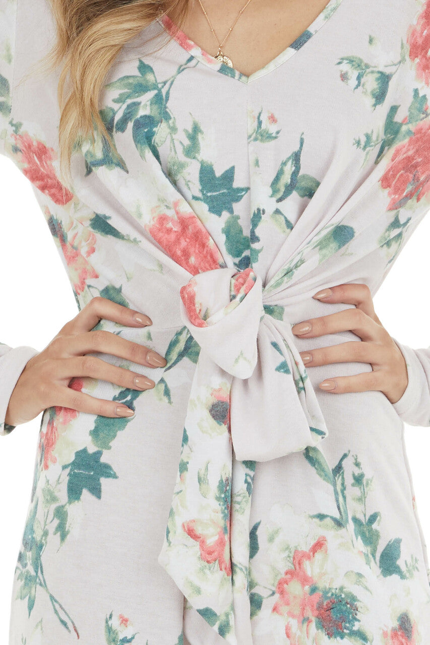 Light Blush Floral Long Sleeve Mini Dress with Front Tie