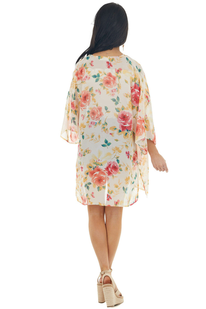 Light Blush Floral Print Lightweight Open Front Kimono