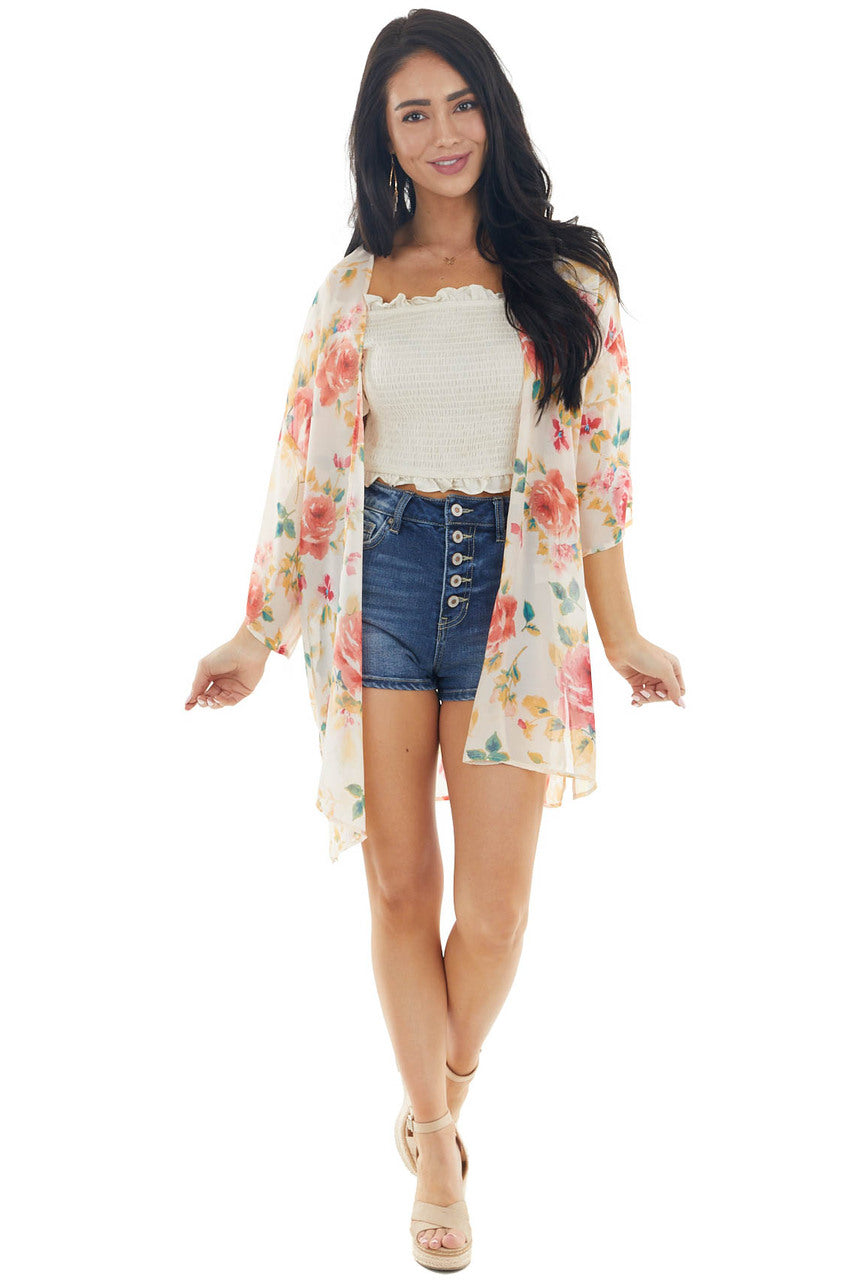 Light Blush Floral Print Lightweight Open Front Kimono