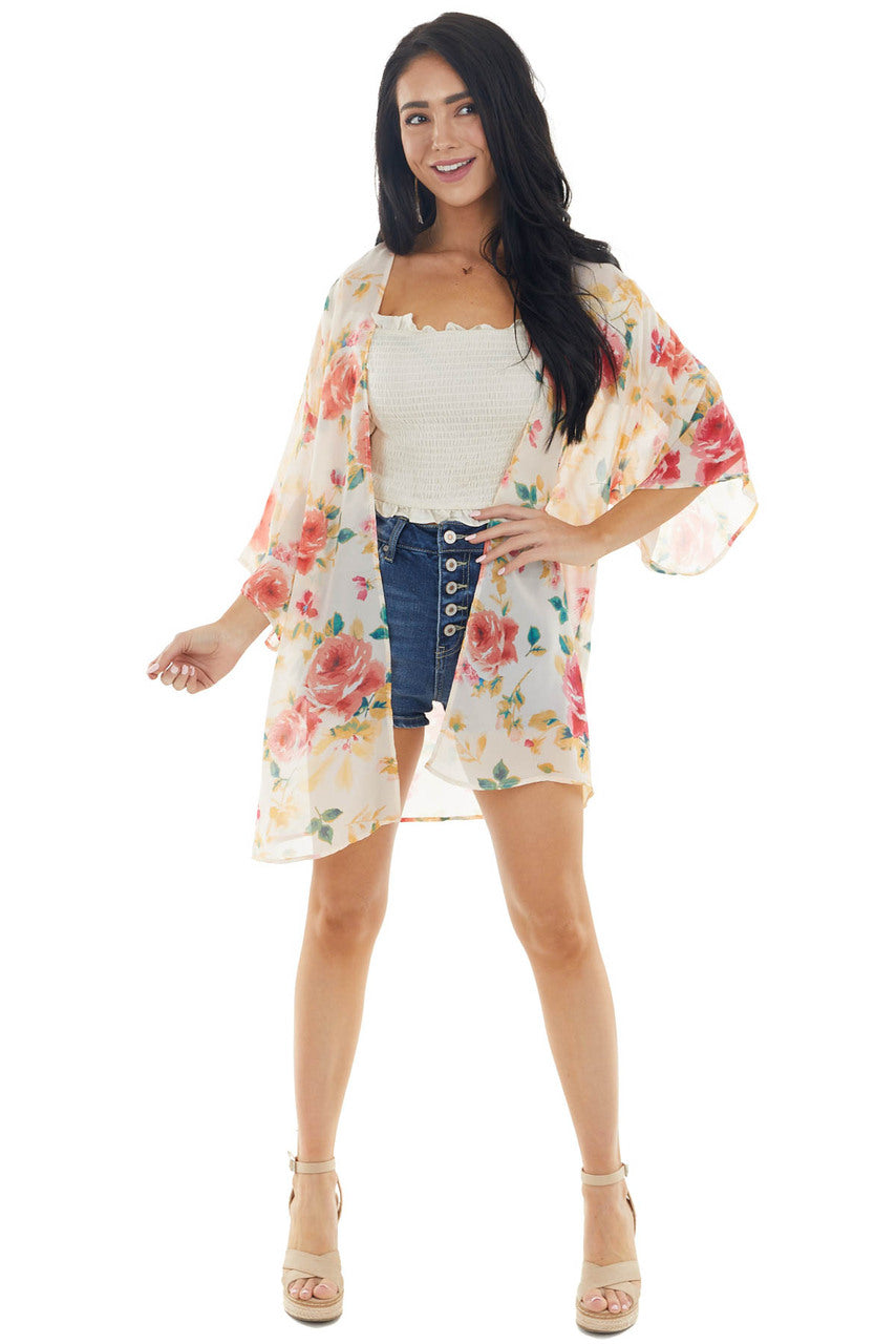 Light Blush Floral Print Lightweight Open Front Kimono