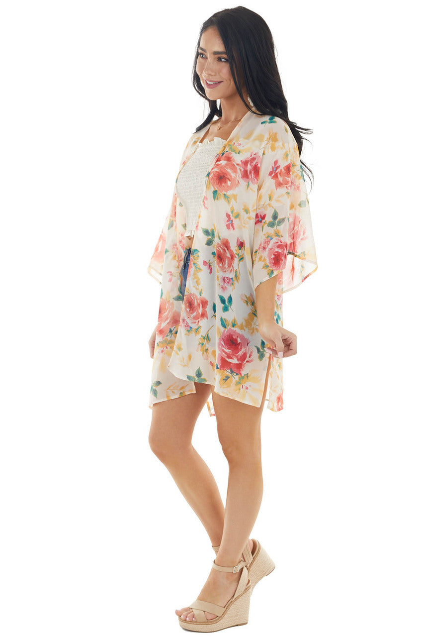 Light Blush Floral Print Lightweight Open Front Kimono