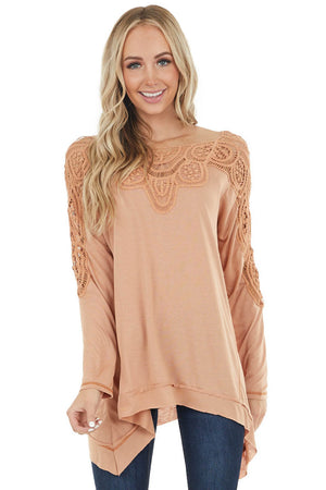 Apricot Long Sleeve Knit Top with Crocheted Neckline