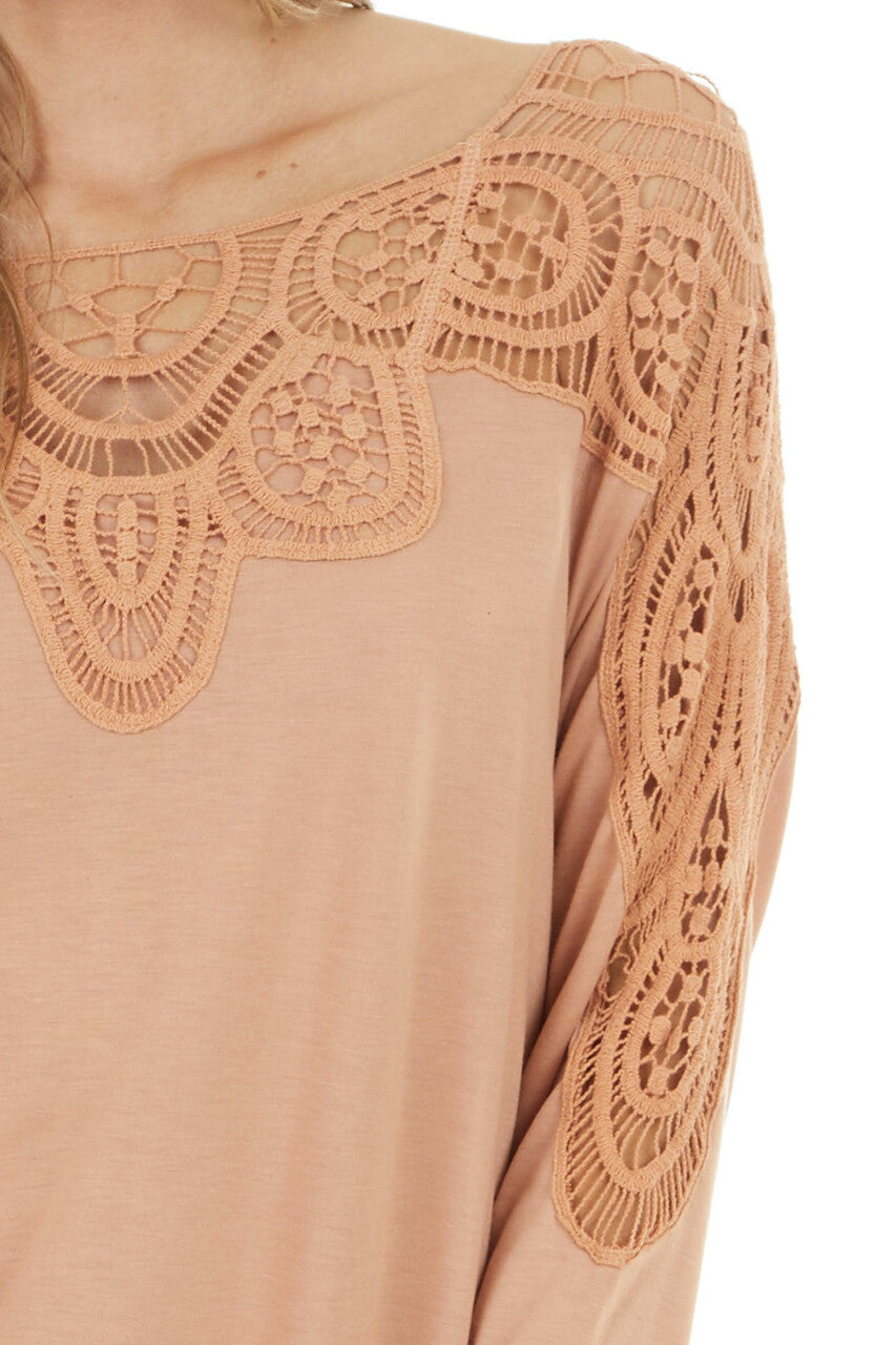 Apricot Long Sleeve Knit Top with Crocheted Neckline