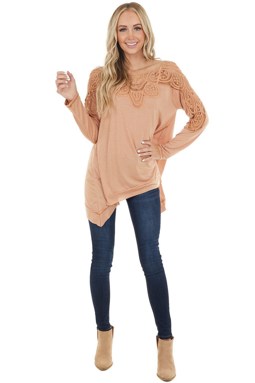 Apricot Long Sleeve Knit Top with Crocheted Neckline