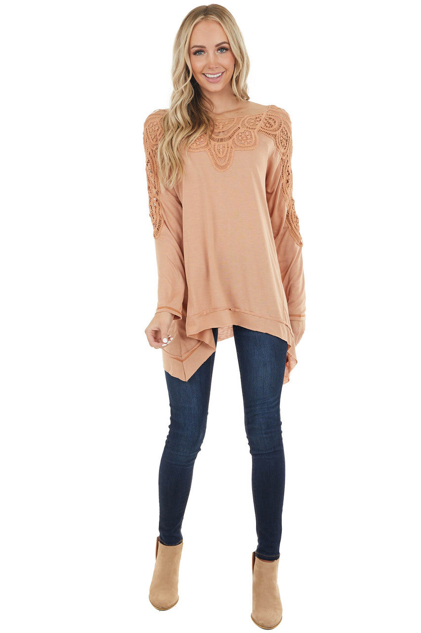 Apricot Long Sleeve Knit Top with Crocheted Neckline