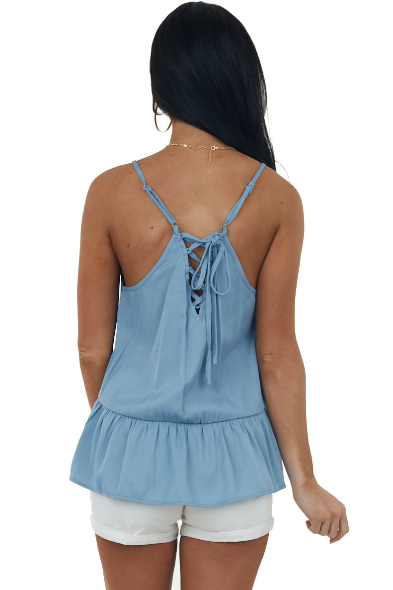 Light Chambray Lace Up Back V Neck Peplum Top