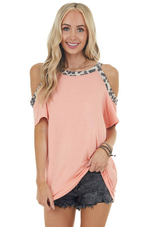 Light Coral Leopard Print Contrast Cold Shoulder Knit Top