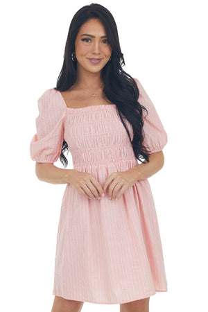 Light Coral Smocked Puff Sleeve Short Dress