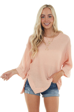 Light Coral Waffle Knit Folded Cuff Loose Top 
