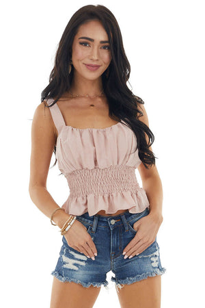 Light Dusty Rose Sleeveless Peplum Blouse with Smocked Waist