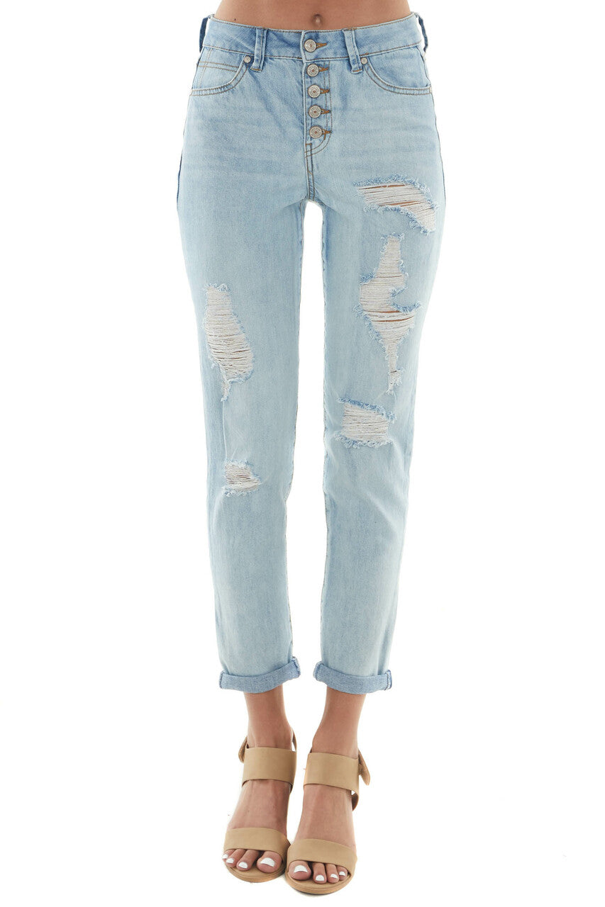 Light High Rise Multi Button Fly Mom Jeans