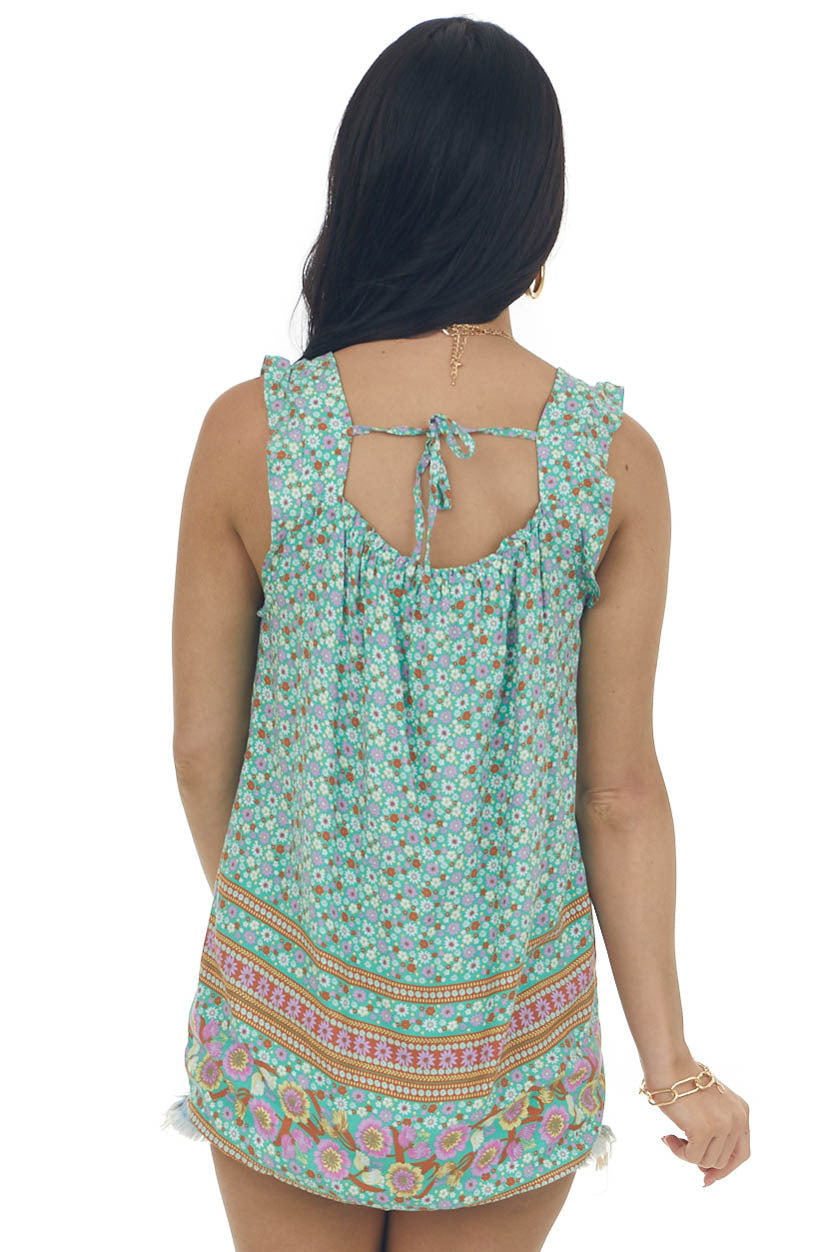 Light Jade Floral Print Sleeveless A Line Blouse