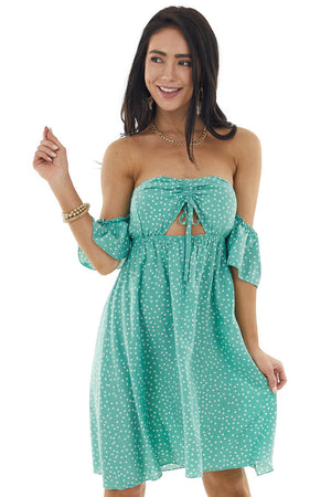 Light Juniper Polka Dot Off the Shoulder Dress with Ruching 