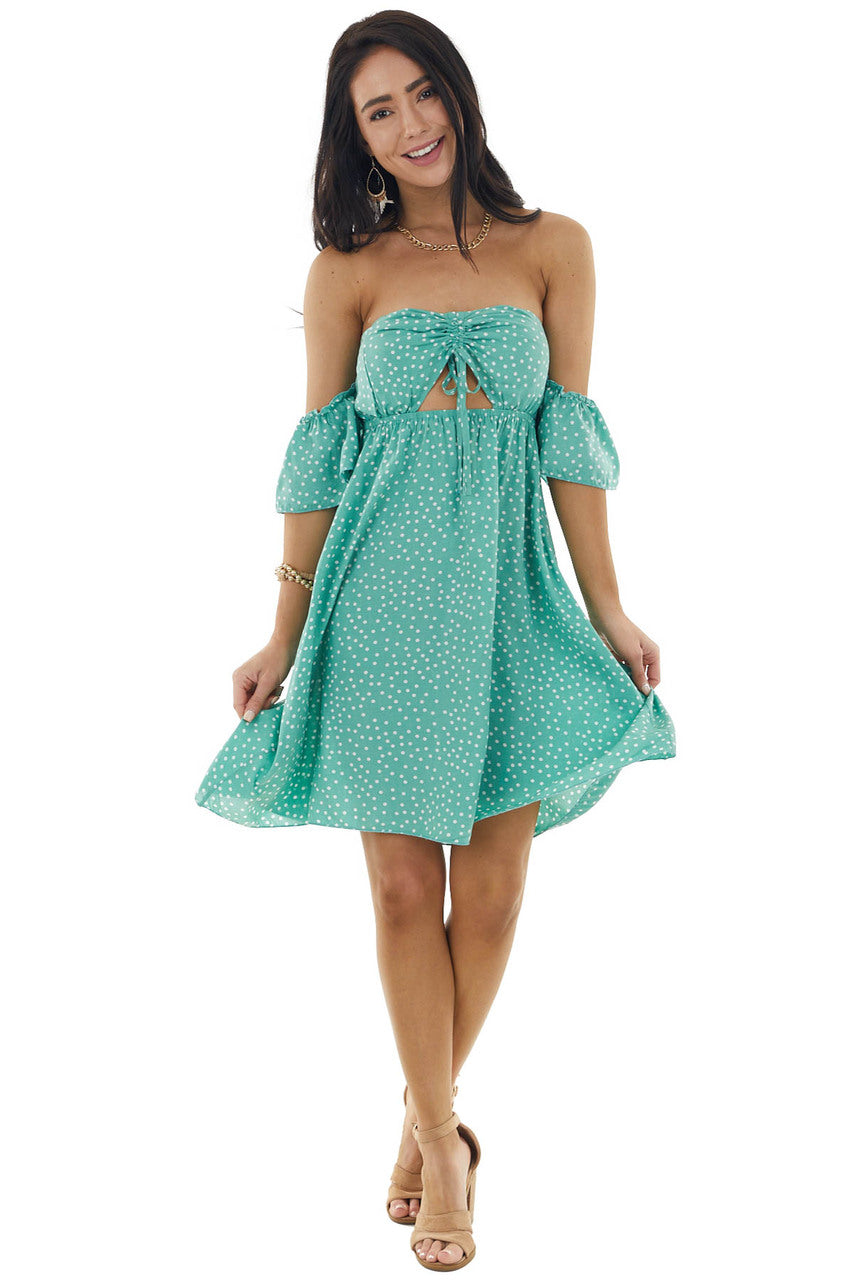 Light Juniper Polka Dot Off the Shoulder Dress with Ruching 